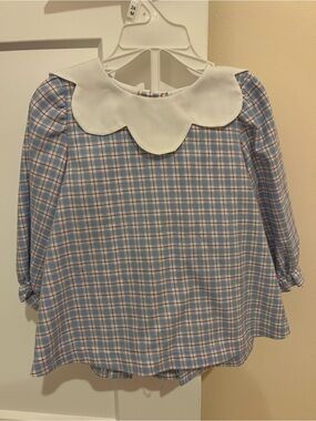 Stitchy fish brand Blue Plaid Girls' Top with White Peter Pan Collar